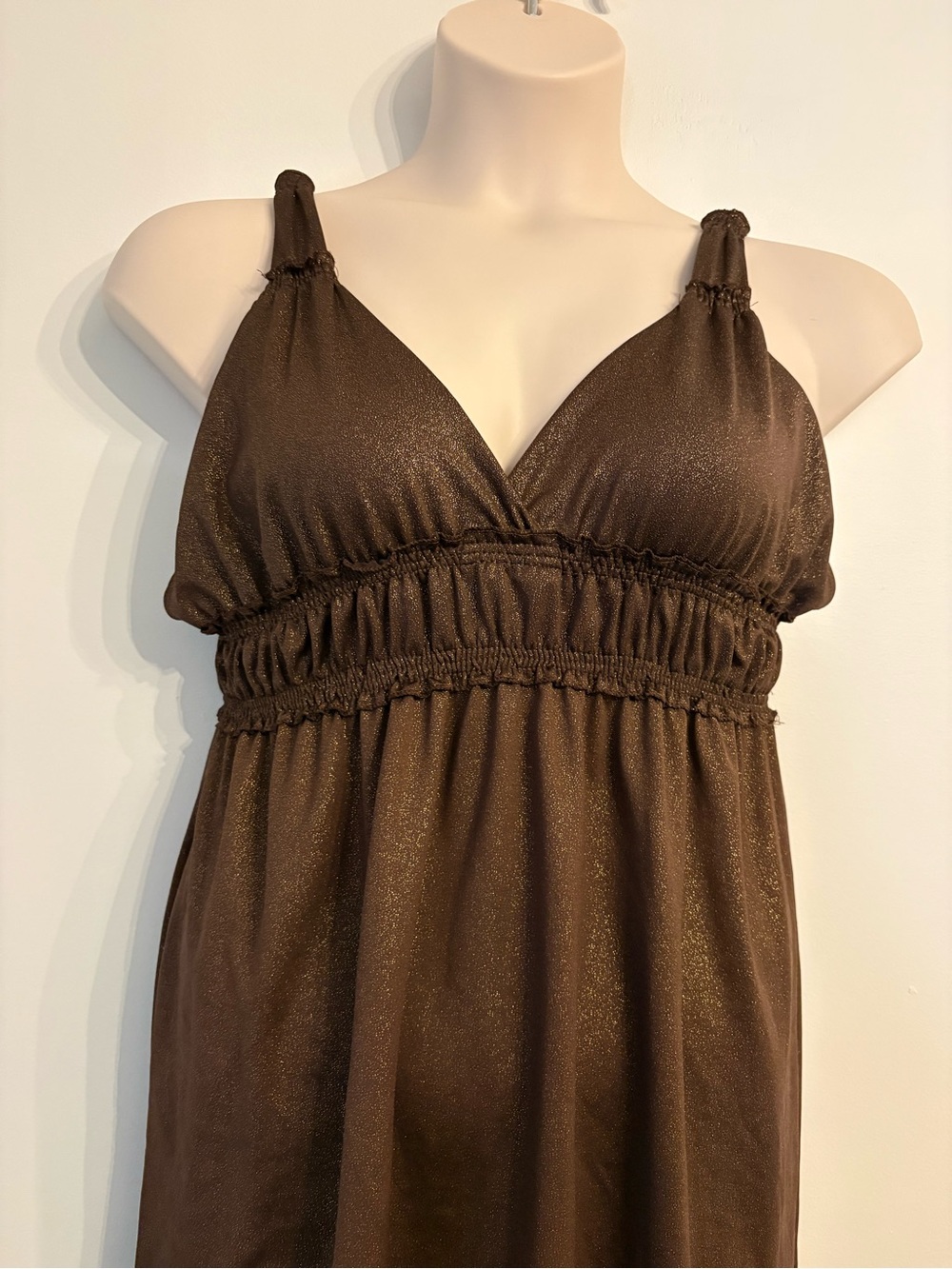 Y2K XL Brown Shimmery V-Neck Empire Waist Dress